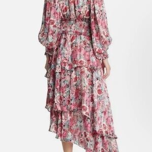 Elliatt Pink Floral High-Low Tiered Ruffle Dress